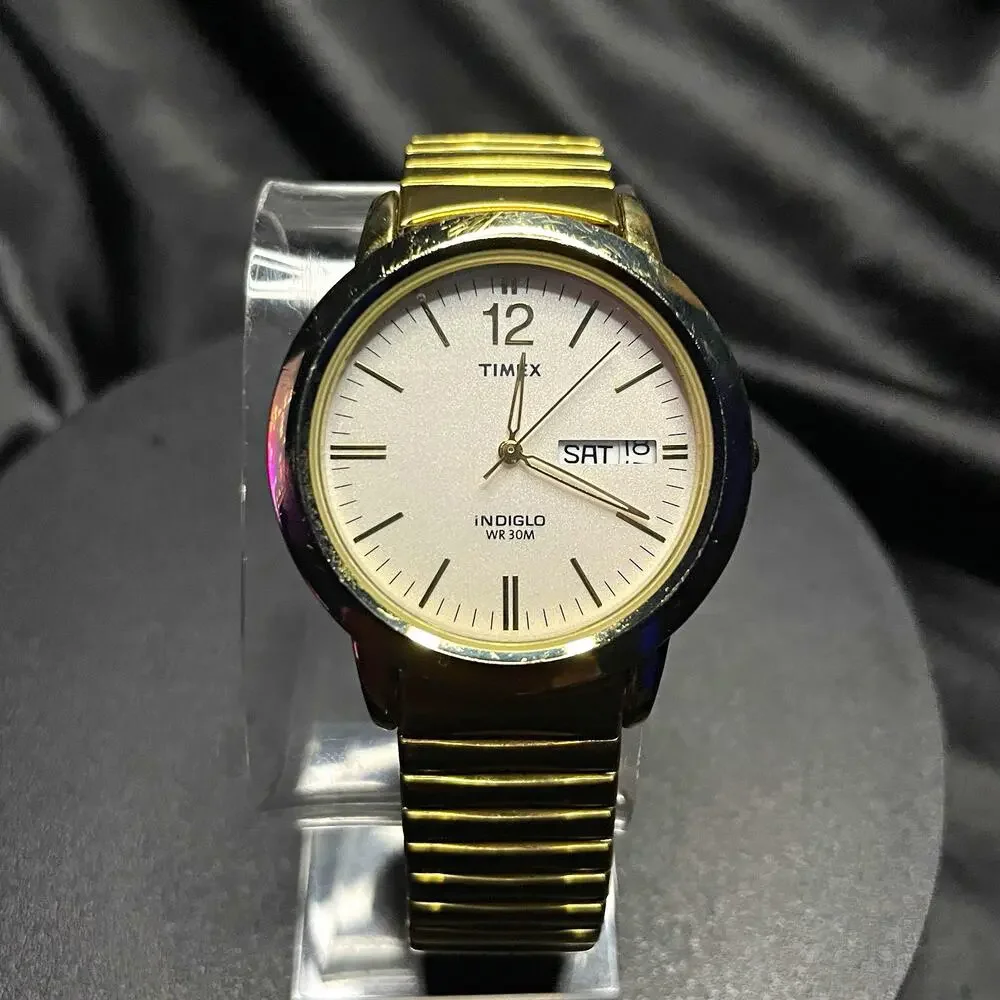 Timex Indiglo Quartz Day/Date Indiglo SS Gold Tone White Dial 38mm New Battery